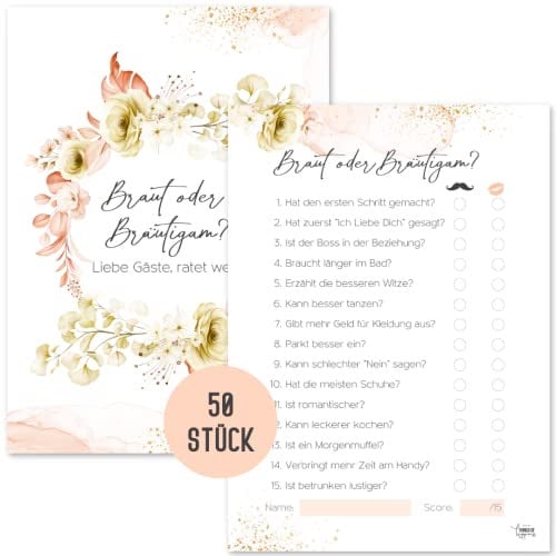 Things of Happiness Hochzeitsspiel Braut oder Bräutigam 50 Karten | Hochzeitsquiz & Hochzeitsspiele für Gäste | Hochzeitsspiel Brautpaar im Boho Design (Koralle Rosen)