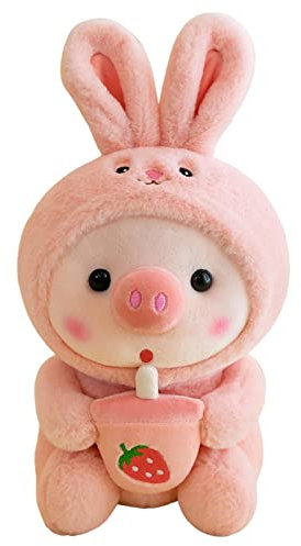 JINGLING Milchtee Schwein Plüschtier Boba Stofftier Plüschkissen, süßes kleines Schwein molliges Plüsch Spielzeug, Cartoon Kuschelkissen Spielzeug für Kinder und Erwachsene, 25 cm