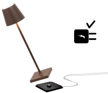 Zafferano Poldina Pro Micro Kabellose LED-Tischlampe Wiederaufladbar 2200-2700-3000K, IP65 Innen/Außeneinsatz, Lange Lebensdauer, Aluminium, H27.5cm mit Mehrfach-USB-Ladegerät (EU/UK/US) - Corten