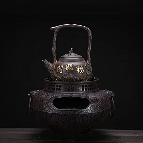 Large cooking tea cast iron charcoal fireplace charcoal stove iron pot boiled tea furnace wind kettle ghost face wind stove fire Japanese fire basin-Kettle + distinguished cast iron pot
