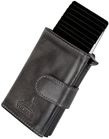 Fa.Volmer ® POP-UP Kartenetui mit Münzfach aus Echtleder für Herren & Damen | max. 11 Karten | RFID Schutz | Geldbörse VO31 Basalt Grey (Grau)