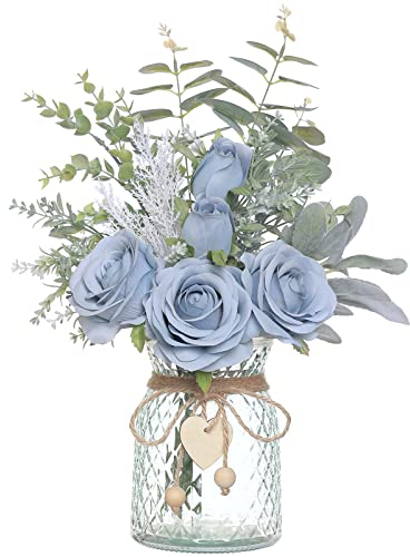Fiori finti con vaso, rose artificiali in seta in vaso, piante finte di eucalipto per casa, ufficio, fattoria, bagno, tavolo da pranzo, centrotavola, decorazione per tavolino da caffè (blu polvere)