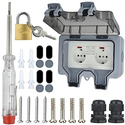 146 German Style Aussensteckdose IP66 Wasserdicht Aufputz - Steckdosen Aussen 2fach mit Schalter - Outdoor Wandsteckdose Gartensteckdose mit Klappdeckel Aufputz Schutzkontakt für Aussenbereich