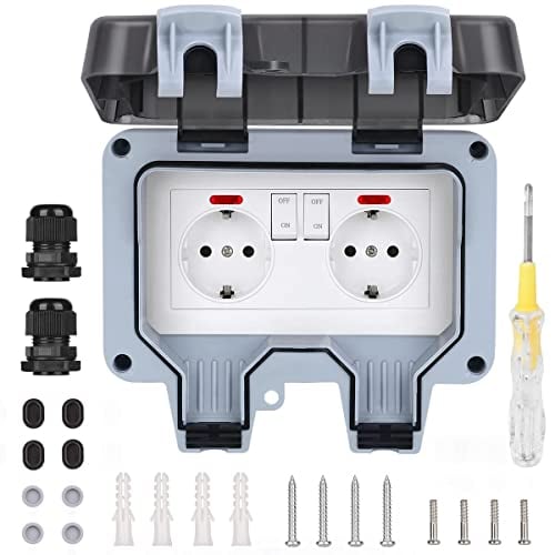 Presa Elettrica da Esterno IP66, Presa Esterno Impermeabile con Interruttore Coperchio Incernierato e Lampadina Indicatore, Prese Elettriche da Muro per Cucina, Bagno, Garage, Piscina e Giardino