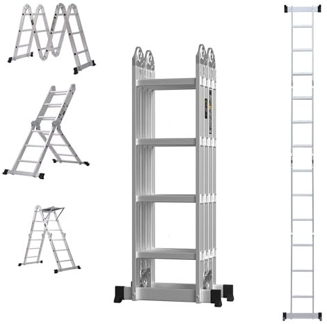 Heavy Duty Extension Ladder 4.7m, 7-in-1 Multi-Purpose Aluminium Ladder, With Anti-Skid Foot Pad, Safety Foldable Platform, 330 LBS Weight Capacity