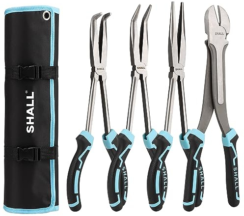 SHALL Set de 4 Pinces Bec Effilé Longues, 28 cm Pince Droite, 90° & 45° Pince Coude, Coupe-fil Long & Pochette de Rangement, Poignée TPR 2 Couleurs, pour Réparation Auto & Maison