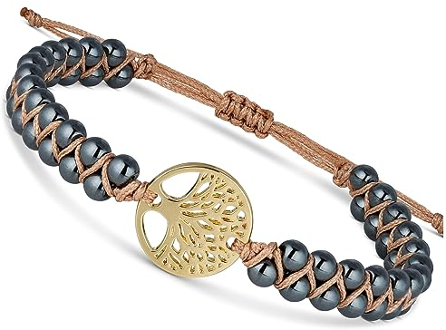 BENAVA Damen Yoga Armband Tigerauge Edelstein Perlen mit Lebensbaum Anhänger Silber | Edelstein Armband Meditation | 16-24 cm