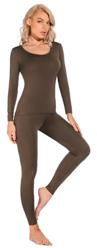 Liang Rou Women's Scoop Neck Top & Bottom Ultra Thin Thermal Underwear Set Coffee Brown Small