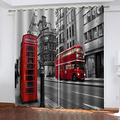 Blickdichte Vorhänge Mit Motiv 3D Londoner Roter Bus Kinder Gardinen Blickdicht Ösen Gardine Thermo 264x214 cm Schlafzimmer Kinderzimmer Vorhänge Dekoratives Muster, Verdunklungsvorhänge