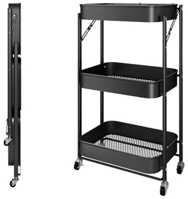 Multibao 3 Tier Metal Folding Trolley Cart with Handles Storage Rack Rolling Shelf Beauty Office Wheels for Living Room, Laundry, Bedroom (Black 3-Tier-Folding)