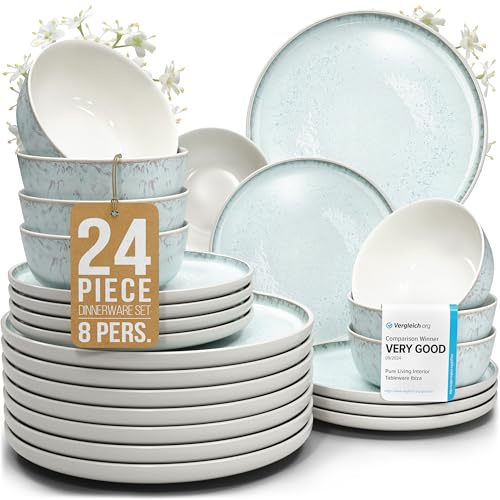 24 Piece Stoneware Dinnerware Set for 8, Handcrafted Plates and Bowls Set