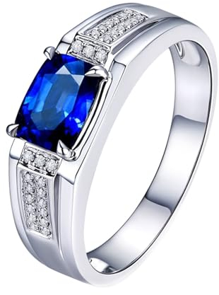 Herren Ring Blau, Ring Saphir Herren 18 Karat Weißgold Lab Saphir 0.91CT Rechteckschliff VVS mit Diamant Natur Weiß Größe 62 (19.7) Personalisiert