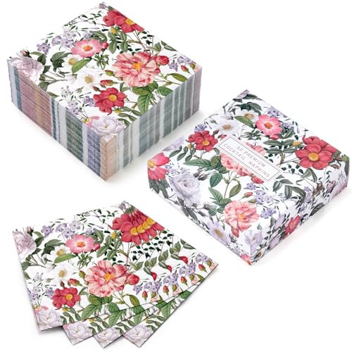 RUSPEPA 50 Stück Cocktailservietten mit Blumenmotiv – Einweg-Cocktailservietten aus 3-lagigem Papier, perfekt für den täglichen Gebrauch und zum Ausstellen – 12,7x12,7 cm/25,4x25,4 cm (aufgeklappt)