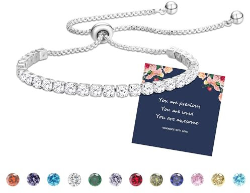 Silver Bracelet for Womens Silver Tennis Birthstone Dainty Crystal Zirconia Bracelets Birthday Christmas Valentine's Day Jewellery Gift for Mum Sisters Girlfriend