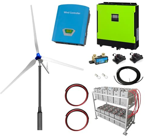 1kW grid-tie wind turbine kit with 5.5kW hybrid inverter and 24kWh battery bank for export of wind power into the grid