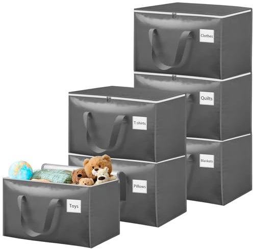 Withosent 100L Grand Sac de Rangement, Lot de 6 Imperméable Sacs de Déménagement avec Fermeture éclair et Poignée, Boite Rangement Vetement Couettes, Alternative aux Cartons Déménagement, Gris