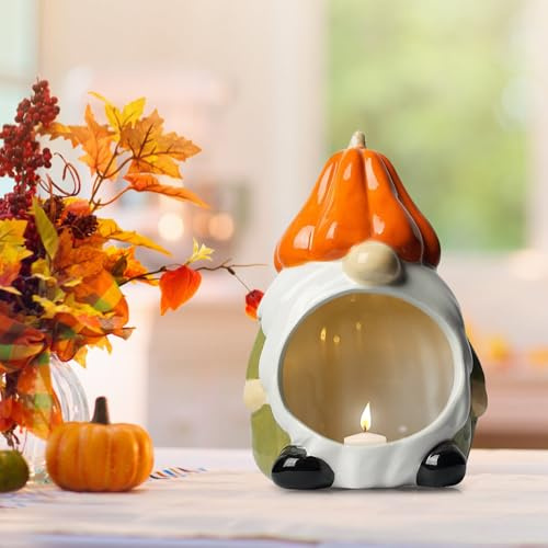 Herbstdeko Kürbis Teelichthalter, Halloween Kürbis Wichtel Kerzenhalter aus Keramik Halloween Kürbis Deko Keramik Teelichthalter Wichtel Teelichthalter für Herbst Halloween (1pc)