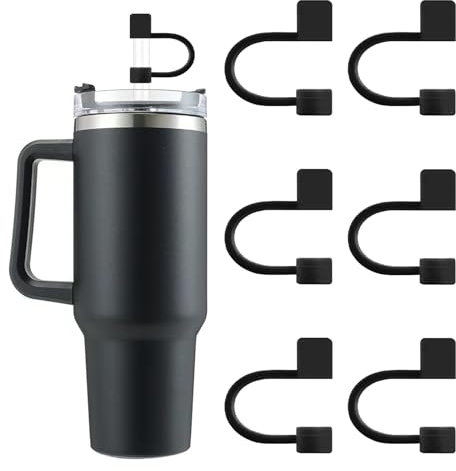 Hebterrka 6 Stück Silikon Strohhalm Abdeckung Kappe für Stanley Tumbler Cup, Staubdichter Strohhalmaufsatz, Kompatibel für 40 oz/30 oz Tumbler, 6-11mm (Schwarz)