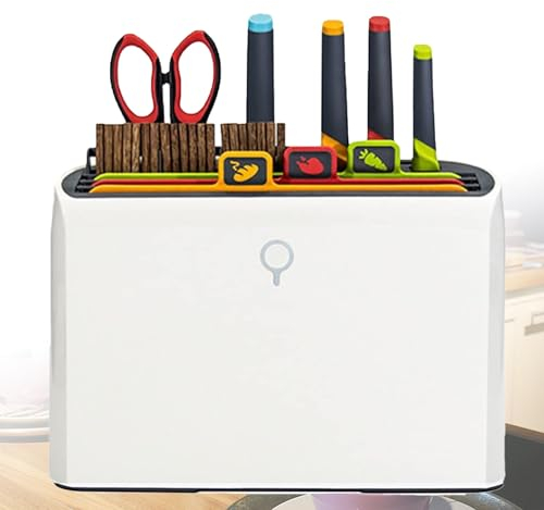 Set di tagliere e coltelli autopulenti, tagliere intelligente con supporto, con 4 coltelli in acciaio inossidabile, 3 taglieri con codice colore, 10 paia di bacchette e 1 paio di forbici