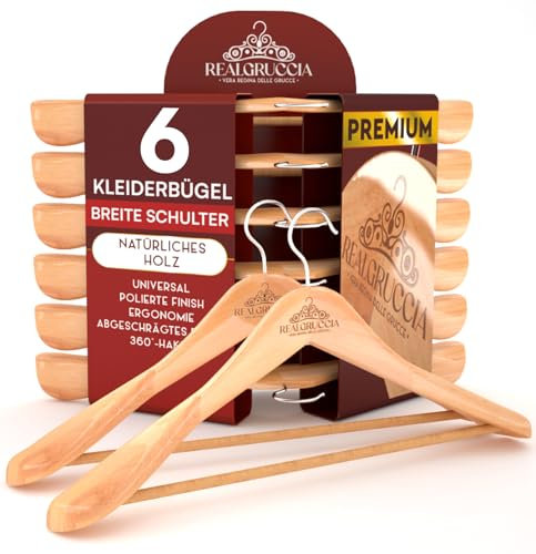 6 Perchas de Madera Natural con Hombros Anchos para Ropa Trajes Abrigos 24x45cm RealGruccia - Barra para Pantalones Gancho Giratorio 360° - Acabado Liso y Perfil Biselado