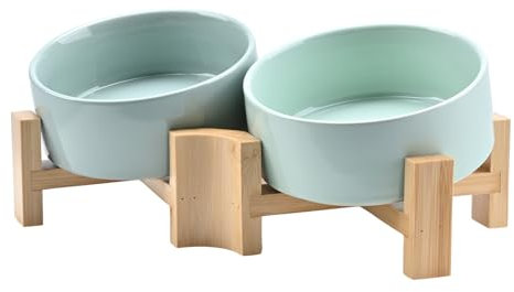 SPUNKYJUNKY Inclinaison 15° Gamelle en Céramique pour Chiens Double Bol avec Support en Bambou Plate ou Inclinée Idéale pour Chiens et Chats Petits 400ml Vert Morandi