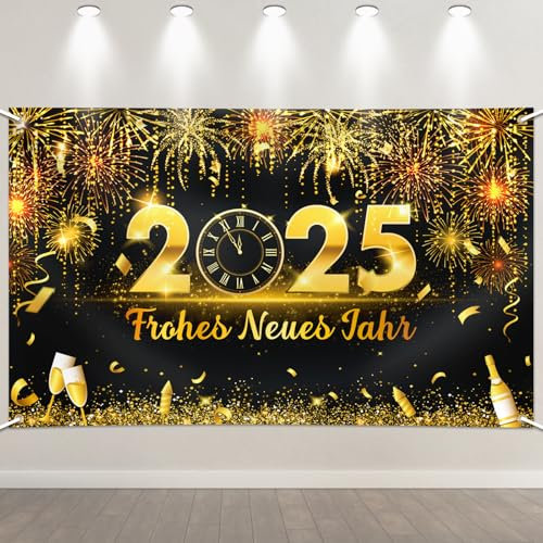 BOOMTOP Frohes Neues Jahr Banner Silvester Deko 2025 Girlande Schwarz Gold Neujahr Hintergrund Happy New Year 2025 Banner Fotohintergrund Deutsch Silvester Party Dekoration für Innen Außen 180x110cm