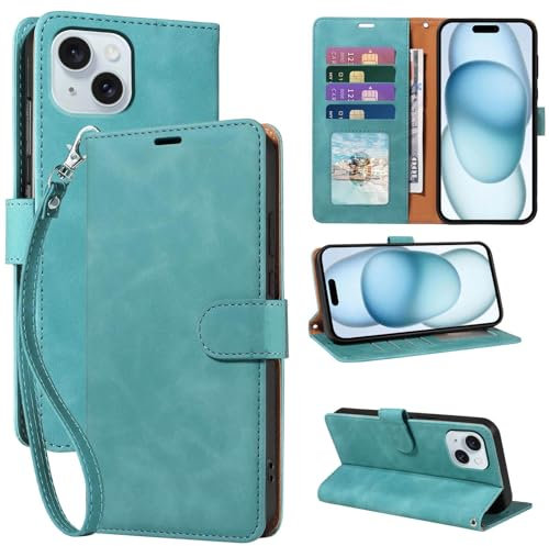 GOTOURED for iPhone 15 Phone Case Wallet, RFID Blocking 4 Card Slots, Wrist Strap, Kickstand, Magnetic Closure, Shockproof Protective Soft Leather Flip Cover for iPhone 15 Case (Green)