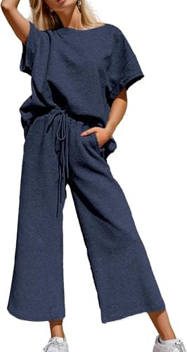 BUNSLOOM Zweiteiler Damen Outfits Kurze Ärmel Tops und Kordelzug Taille Cropped Pants Loungewear Sets