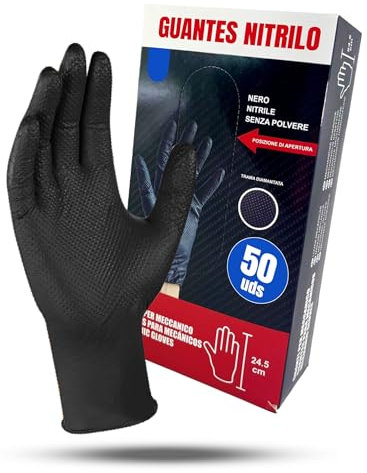 Acceseryx guantes nitrilo, guantes mecanico, guantes de nitrilo negro, guantes de nitrilo desechables, estructura de diamante de calidad impermeables, caja guantes nitrilo 50 unidades (L)