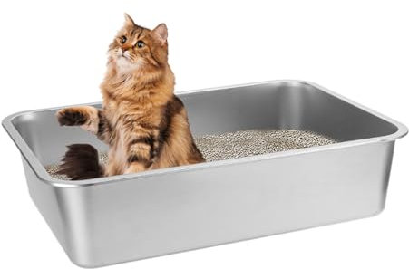 Hop-in - Grande litière pour chat - En acier inoxydable - Taille XXL - En métal - Pour grands chats - Sans couvercle - 60 x 40 x 15 cm - Inodore - Inoxydable - Anti-fuite