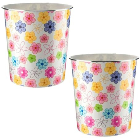 MantraRaj Plastic Waste Paper Basket Bin Pack Of 2 Round Waste Basket Trash Can Lightweight Recycling Rubbish Bin for Home Office Kitchen Bedroom, Garbage Container Dustbin 7.7Litre (Colour Flower)