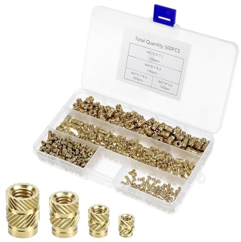 QWORK® 500pcs Sortiment an Gewindeeinsätzen aus Messing - Rändelmuttern M2/M3/M4/M5 für 3D Druck & Kunststoffteile