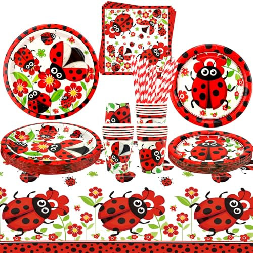 Ladybug Party Decration, Ladybug Party Geschirr, Teller Becher Servietten Tischdecke Strohhalme für Marienkäfer Geburtstag Party Supplies Baby Shower Supplies, Serves 20