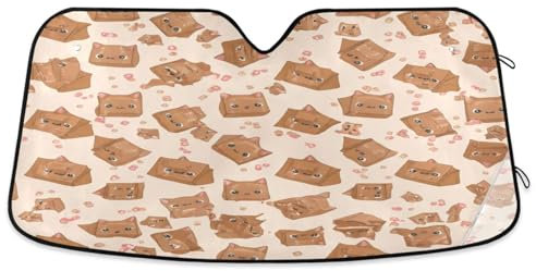 Parasol para parabrisas de coche, diseño de orejas de gato, cajas de cartón, color beige, protector plegable para parabrisas del coche, cubierta de ventana delantera (53 x 23.5 pulgadas)