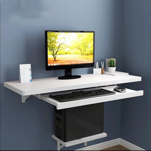 ZHNANDAMAI Wall Mounted Desk Folding Table With Mainframe Bracket And Keyboard Tray, Space Saving Drop Leaf Table Floating Shelf Workstation For Home Office, White