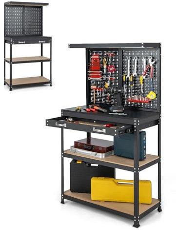 SOARS Werkstattwerkstatt Garage 81 x 41 x 155 cm, Werkzeugaufbewahrung aus Metall in 2 perforierten Paneelen, mit Set mit 14 Haken, Schublade & 2 Regalen, für Garage, Werkstatt (rot + schwarz, 81 x 41