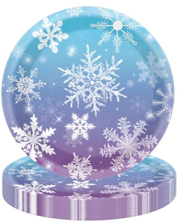 KFJBPB 50PCS Winter Snowflake Paper Plates 7 Inch, Disposable Blue Snowflake Christmas Cake Dessert Plates for Holiday Winter Wonderland Party Decorations