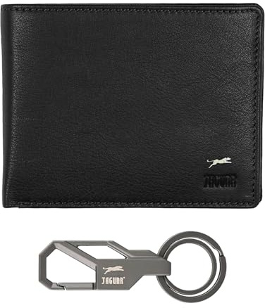 JAGUAR Coffret Cadeau Portefeuille en Cuir Noir et Porte-clés en Métal Gun Metal
