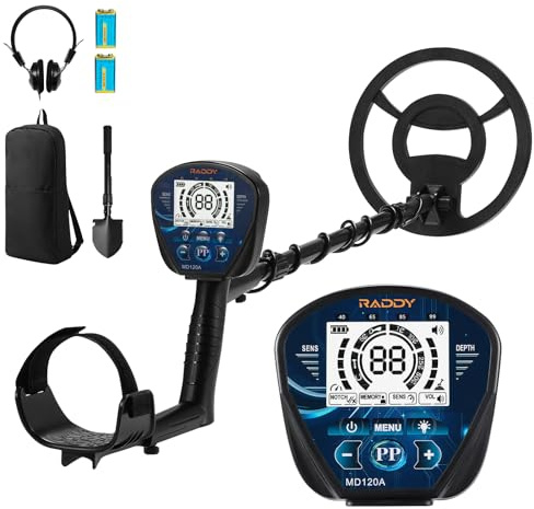 Raddy MD120A Profi-Metalldetektor für Erwachsene, Hochpräziser 4 Modi Gold Detektor mit 10 IPX7 wasserdichte Suchspule, LCD-Display, Kopfhörer, Tasche & Schaufel für Schatzsuche