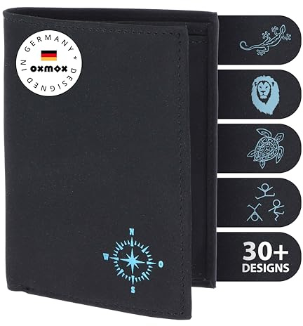 Oxmox Geldbörse Herren/Portemonnaie Damen | Wallet mit RFID Schutz | New Cryptan (Vegan) | 8 Kreditkartenfächer | Kombibörse Hochformat | schwarz | Windrose 2.0 Print Cyan