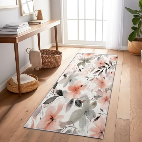 Bodenläufer Teppich rutschfest Waschmaschinengeeignet Rosa Blumen Blüten Blätter Flurteppich Lang Schmales Format Weicher Für Küche Eingang Wohnzimmer Schlafzimmer 60X150 cm