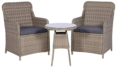 Bucmath 3-TLG. Bistro-Set mit Kissen, Poly Rattan Braun, wetterfestes Gartenmöbel-Set für Balkon, Terrasse, Outdoor-Essbereich, Lounge, inklusive 2 Sessel und runder Tisch