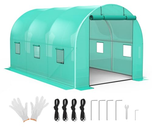Garvee Invernadero túnel para Exteriores, Estructura de Acero galvanizado, 244 x 396 x 213 cm, 6 Ventanas con mosquitera, Cobertura PE Verde, para huerto, Plantas, Invierno, jardín botánico