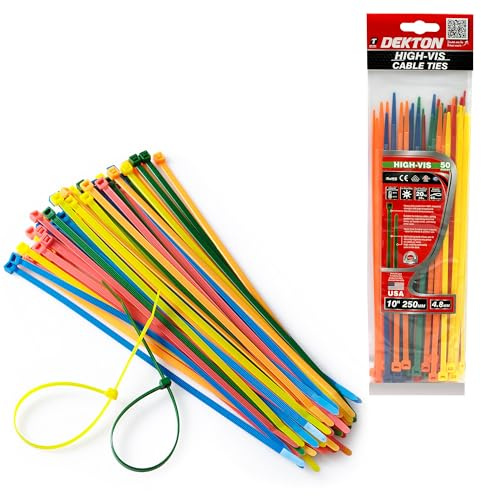 Dekton 50PC High VIS Cable Tie Set - Multicolor | Heavy Duty Industrial Strength | High Temperature Resistant | Self-Locking Teeth | Ideal for Cables, Piping, Gardening & Wires | Indoor & Outdoor Use