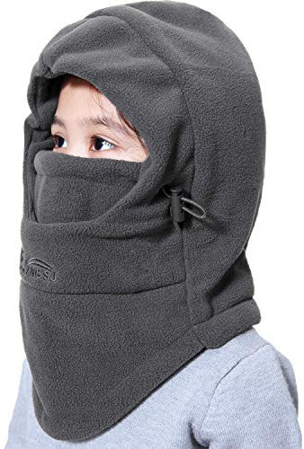 VJOLI Unisex Kinder Winter Mütze Jungen Mädchen Kapuzenschal, 5 in 1 Hut mit Warmen Schal Ski-Outdoor Sport Winter Schlupfmütze Cap 3-15 Jahren (Grau)