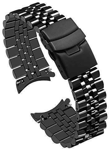 Juntan Edelstahl Uhrenarmband Gebogene Enden Konisch 23mm Flexibles Metall Uhrenarmbänder Armband Schwarz Ersatzarmband Faltschließe für Herren Damen