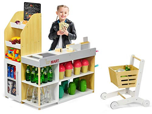 COSTWAY Kaufladen mit Einkaufswagen, Kaufmannsladen mit Tafel, inkl. Registrierkasse, Scanner, Kartenlesegerät, Kreditkarte und Münzen, Einkaufsladen für Knder ab 3 Jahren