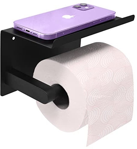 Joeji's Kitchen Toilet Paper Roll Holder with Shelf - Brushed Stainless Steel Wall Mounted Strong Adhesive or Screws Rustproof Loo Roll Dispenser with Phone Storage Shelf - Black