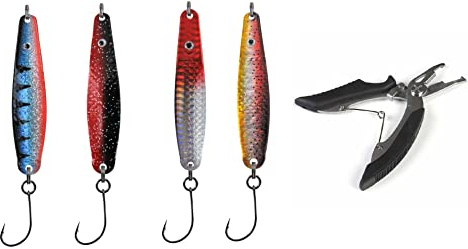 Lot de 4 cuillers à truite de mer Dega Jumper avec hameçons individuels de Jenzi, 25 g, 8 cm, Lars Hansen + ciseaux de pêche gratuits