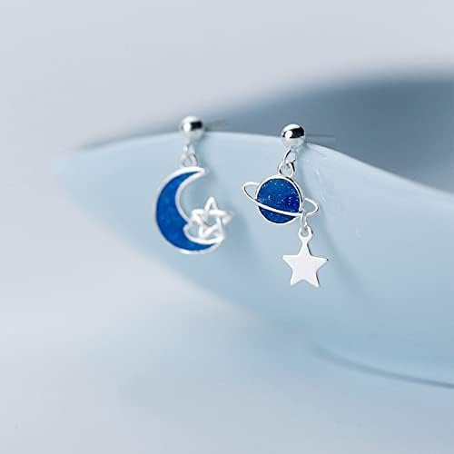 Ohrring Lustige Asymmetrische Blauer Planet/Stern/Mond 925 Sterling Silber Ohrstecker Für Frauen Mädchen Trendy Korean Edlen Schmuck